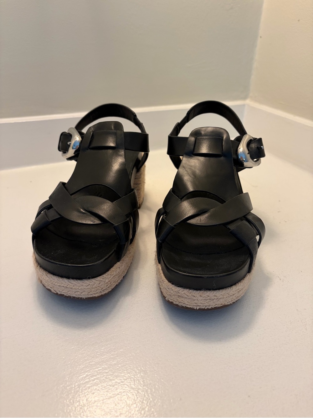 Black Platform Espadrille Sandals with Silver Buckle